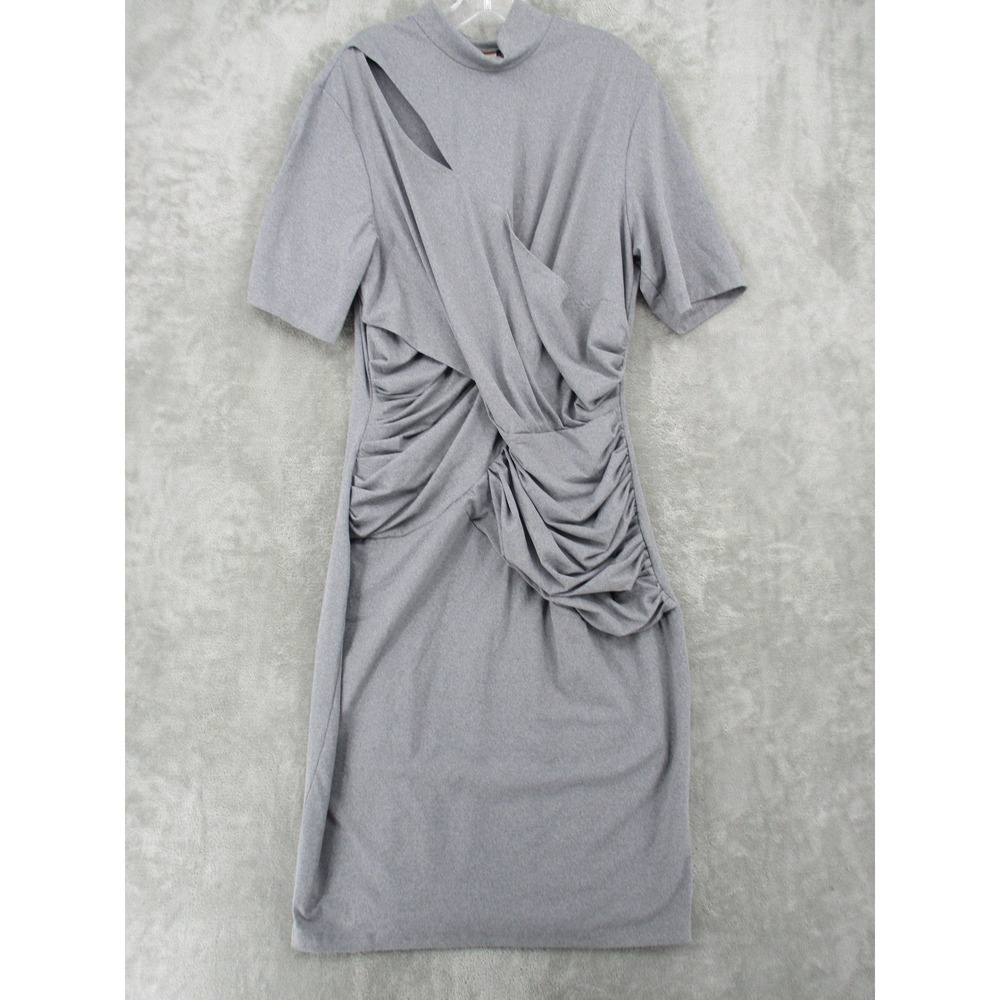 Serena Dress Womens 2X Mock Neck Stretch Avant Garde Midi Cutout Office Gray